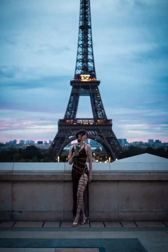 Woman in a dark dress holding a rose, standing on a terrace with the Eiffel Tower lit up at dusk in the background.