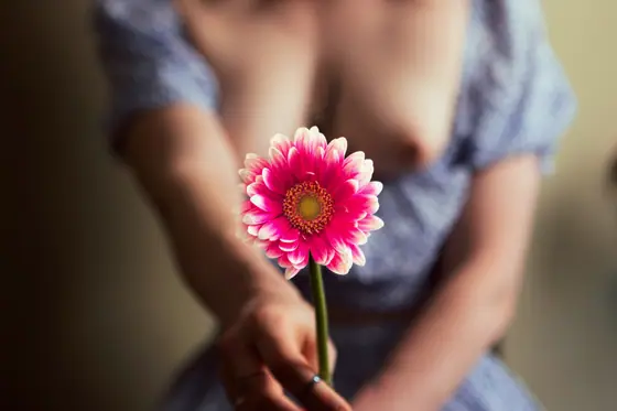Person holding a pink and white flower with a blurred background showing part of their body and a patterned garment.